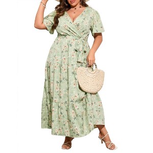 BLUEMING Summer Maxi Dress for Plus Size Women Tie Wasit Surplice Dress Flutter Sleeve A-Line Dress - 1 of 4