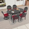 7-Piece Cast Aluminum Patio Dining Set with Oval Table, 2 swivel chairs and 4 fixed dining chairs, Red Cushions and Umbrella Hole - 3 of 4