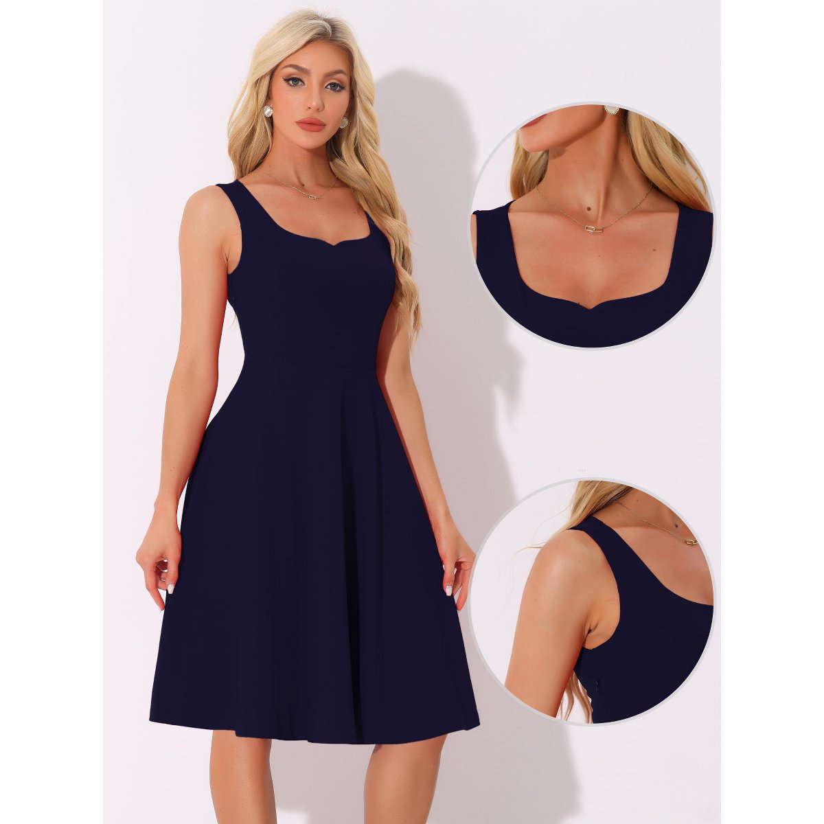 Женские платья INSPIRE CHIC Women's Sweetheart Neck Sleeveless Fit and Flare Swing Dress X-Small Dark Blue — фото 2