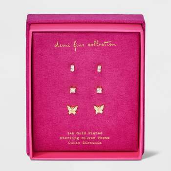 14K Gold Plated Multi Shaped Cubic Zirconia Butterfly Stud Earring Set 3pc - A New Day™ Gold