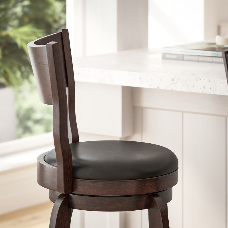 Merrick Lane 30" Classic Wooden Open Back Swivel Bar Height Pub Stool with Upholstered Padded Seat and Integrated Footrest, 6 of 13