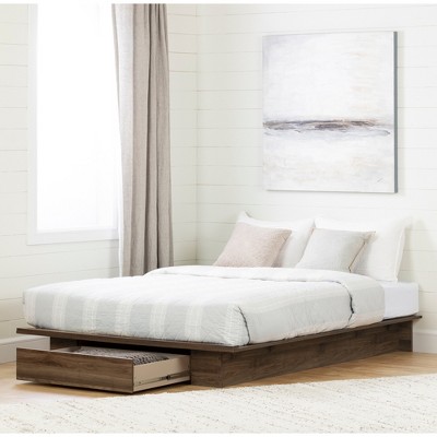 Natural Walnut Queen Platform Bed with Storage Drawer