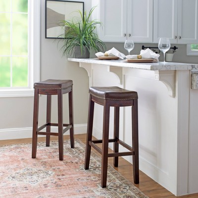 Brown Wood and Faux Leather Backless Bar Stools
