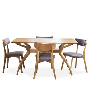 5pc Nissie Mid Century Curved Leg Dining Set Oak/Dark Gray - Christopher Knight Home: Rectangle Table, 4 Upholstered Chairs - 1 of 4