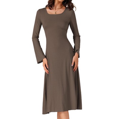 INSPIRE CHIC Women's Knit Midi A-Line Drawstring Back Square Neck Long Sleeve Dresses