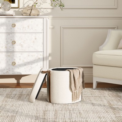 NicBex Round Polyester Storage Ottoman Bench,Upholstered Storage Ottoman with Leather Accent,Modern Storage Bench for Living Room,Bedroom