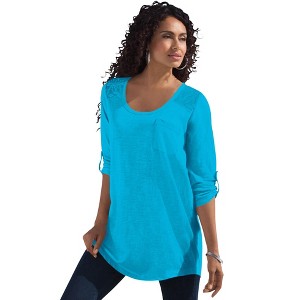 Roaman's Women's Plus Size Textured Lace Trimmed Tunic - 1 of 4