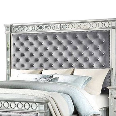 Varian Gray Velvet Upholstered Queen Bed with Mirrored Accents