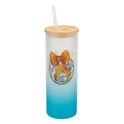 Elanze Designs 25 Ounce Frosted Glass Gradient Travel Tumbler With Straw and Wooden Lid, Volleyball With Orange Bow Sky Blue