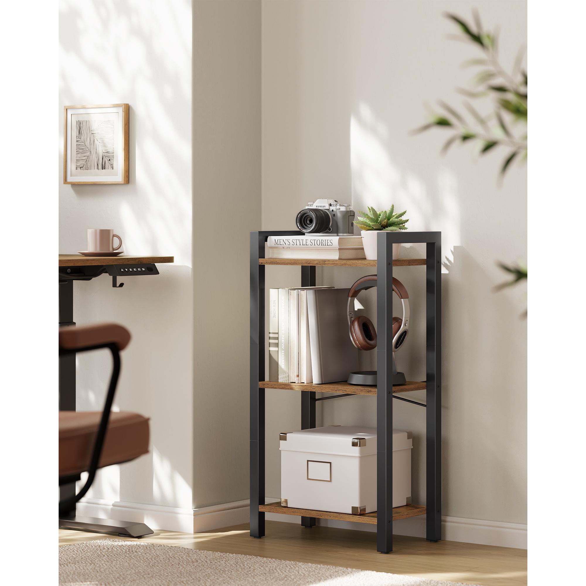 3-Tier Industrial Bookshelf with Sturdy Steel Frame, Rustic Brown & Ink Black - 9.4 x 15.7 x 30.1 Inches, Multi-Functional Storage Shelf