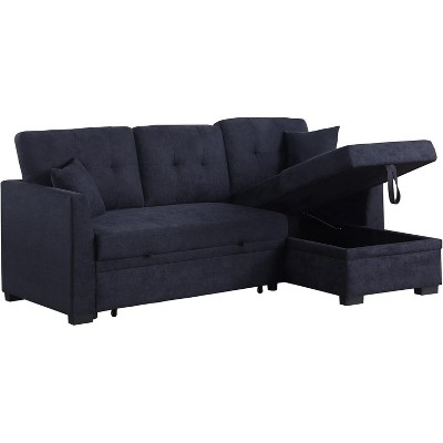 TIRAMISUBEST Modern L-Shaped Blue Velvet Sleeper Sofa with Reversible Chaise, Pull-Out Bed & Hidden Storage, Convertible Corner Sofa for Living Room
