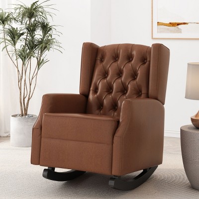 PU Leather Wingback Rocking Chair,Modern Button Tufted Accent Armchair with Diamond Stitch for Living Room Nursery-Baofuwish