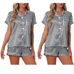 INSPIRE CHIC Women's 4 Pcs Striped Silky Satin Sleepwear Button-Up Shirt & Shorts 2025 Lounge Set - 1 of 4