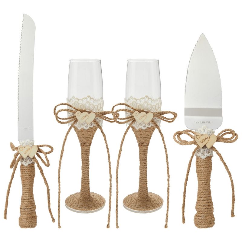 Juvale 4 Piece Rustic-Style Wedding Cake Knife and Server Set with Champagne Glasses for Bride and Groom, Country Theme Wedding Supplies, 1 of 9