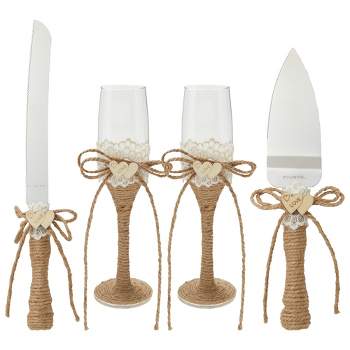Juvale 4 Piece Rustic-Style Wedding Cake Knife and Server Set with Champagne Glasses for Bride and Groom, Country Theme Wedding Supplies