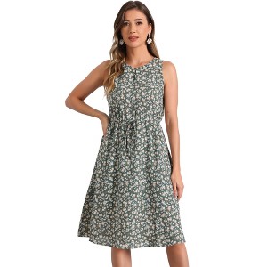 Allegra K Women's Printed Split Neck Drawstring Waist Sleeveless A-Line Floral Midi Dress - 1 of 4