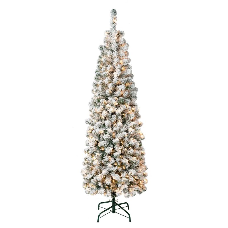 National Tree Company First Traditions Pre-Lit  Pencil Slim Flocked Acacia Hinged Artificial Christmas Tree Clear Lights, 1 of 8