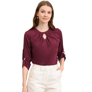 INSPIRE CHIC Women's Work Office Keyhole Pleated Front Ruched 3/4 Sleeve Chiffon Blouse - 1 of 4