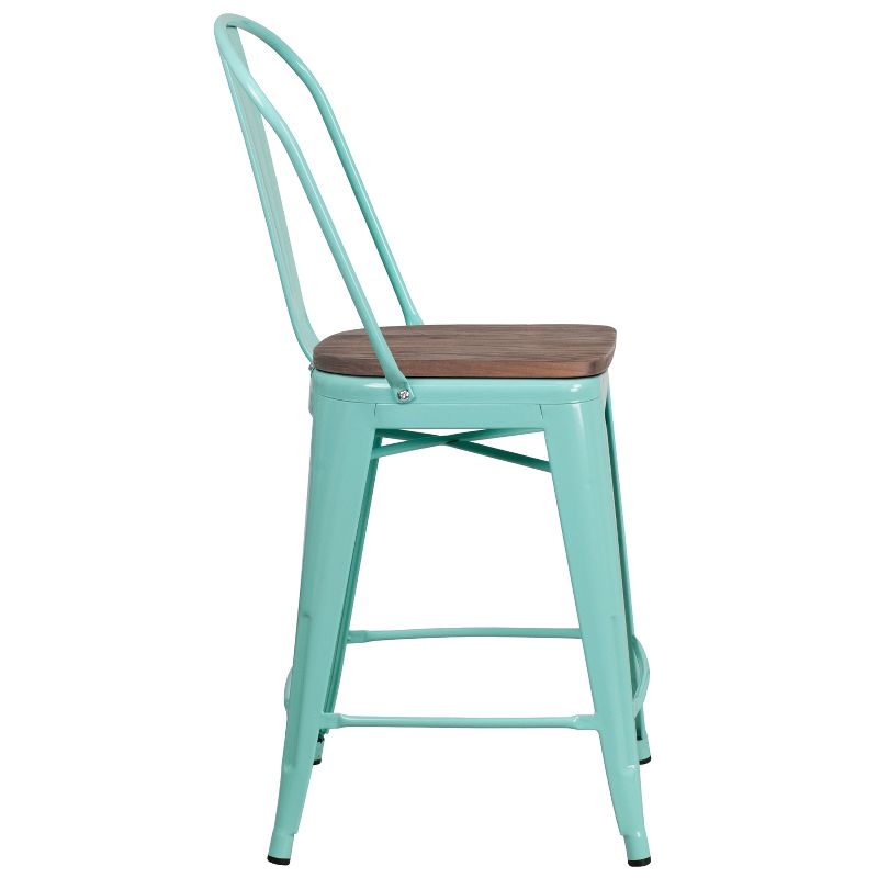 Merrick Lane 24" Metal Indoor-Outdoor Counter Stool with Vertical Slat Back, Integrated Footrest and Wood Seat, 6 of 8