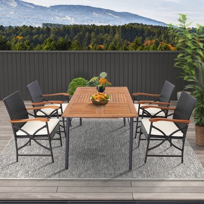 Set of 2 Brown Wicker Dining Chairs with Off-White Cushions
