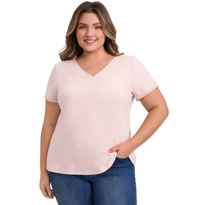 GRACE & GRANDEUR Women's Plus Size Crochet Trim V Neck Short Sleeve Dressy Casual Blouses
