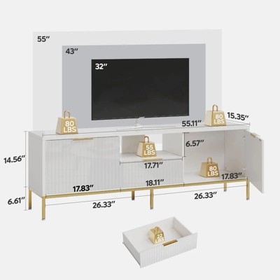 White and Gold 55 Inch TV Stand with Drawer and Cabinet