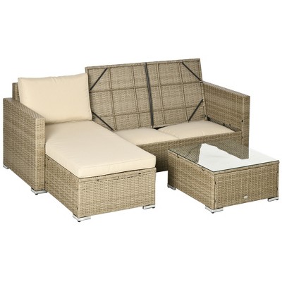 Outsunny 3 Piece Patio Furniture Set Rattan Outdoor Sofa Set With Chaise Lounge Loveseat Soft Cushions Storage Table Sectional Couch Khaki Target