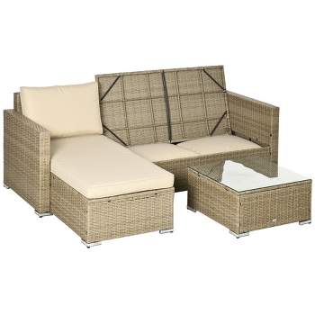 Outsunny 3 Piece Patio Furniture Set, Rattan Outdoor Sofa Set with Chaise Lounge & Loveseat, Soft Cushions, Storage, Table, Sectional Couch, Khaki