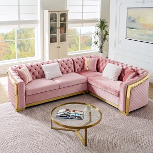 Luxury 106" Velvet L-Shaped Chesterfield Sectional Sofa with Gold Steel Accents, Tufted Design & 5 Pillows, for Living Room, Easy Assembly - 1 of 4