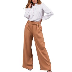 Coolmee Women's Wide Leg Work Pants Straight Elastic High Waisted Double Button Trousers Business Casual Pants with Pockets - 1 of 4