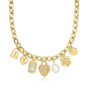 Ross-Simons 14kt Yellow Gold-Plated Charm Necklace With Simulated Gemstones, Pearl and .50 ct. t.w. Czs. 18 inches - 1 of 3