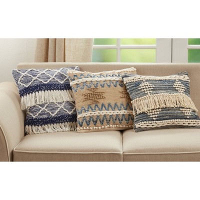 Navy and White Cotton Fringe Moroccan Square Throw Pillow