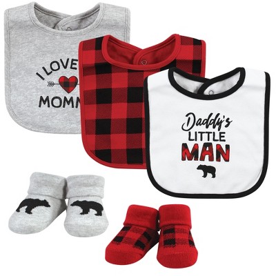 Image of Hudson Baby Infant Boy Cotton Bib and Sock Set, Buffalo Plaid Family, 0-9 Months