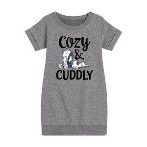 - Peanuts - Snoopy and Linus Cozy And Cuddly Graphic Short Sleeve Fleece Dress - 1 of 4