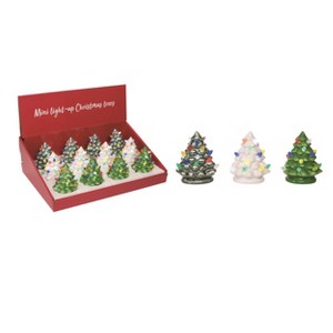 Transpac Ceramic 4 in. Multicolor Christmas Light Up Trees in Display Set of 12 - 1 of 2
