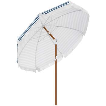 Outsunny Outdoor Umbrella with Tilt, Vent, Fringed Ruffles, Flounce for Table, Deck Parasol, Blue Strip