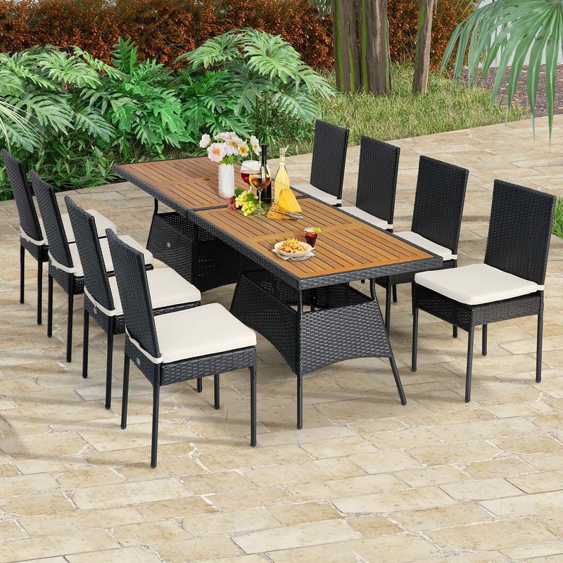 Costway 10 PCS Patio Rattan Dining Set Rectangular Wood Top Tables Cushioned Chair Garden, 2 of 9