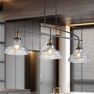 DOMETOUR Industrial 3-Light Pendant Chandelier, Clear Glass Shades, Black Metal, Adjustable Height, Modern Farmhouse Lighting for Kitchen/Dining Room - 1 of 4