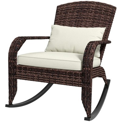 Resenkos Rocking Patio Bistro Outdoor Chairs,Outdoor Wicker Rocking Chair with High Back, Seat Cushion, and Pillow, Cream White