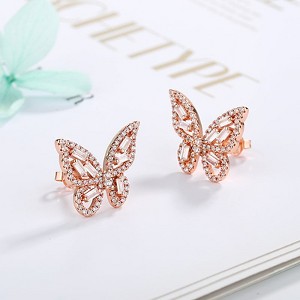 14k Gold and Sterling Silver Round and Baguette Butterfly Earrings with Crystals - 1 of 4