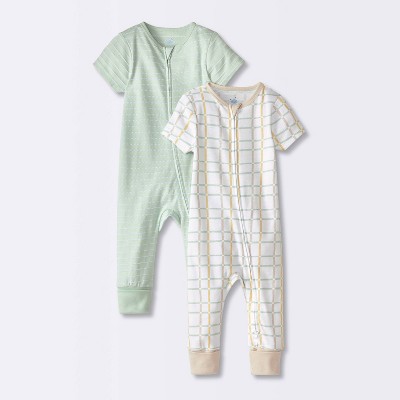 Baby 2pk Striped Grid Adjustable Cuff Romper - Cloud Island™ Mint Green 3-6M