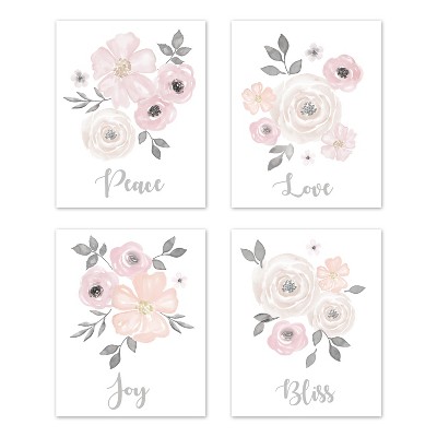 Image of Sweet Jojo Designs Girl Unframed Wall Art Prints for Décor Watercolor Floral Pink and Grey 4pc