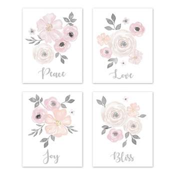 Sweet Jojo Designs Girl Unframed Wall Art Prints for Décor Watercolor Floral Pink and Grey 4pc