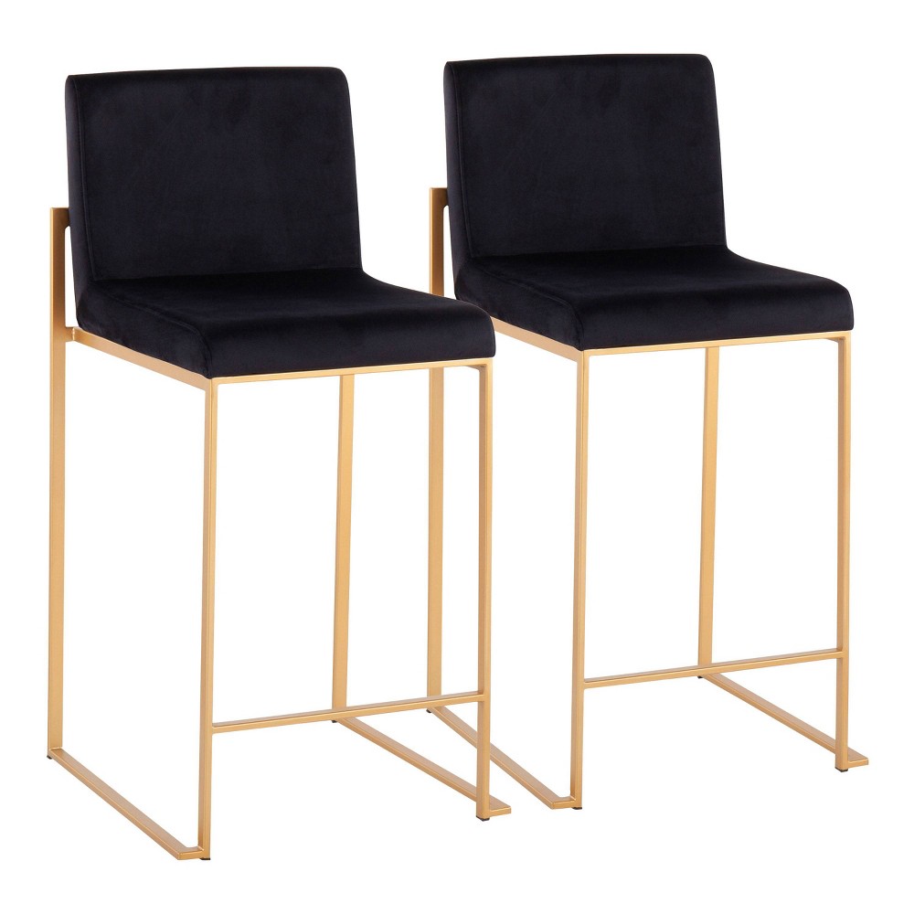 Set of 2 Fuji Steel/Velvet High Back Counter Height Barstools Gold/Black - LumiSource: Upholstered, Armless, Fixed Height