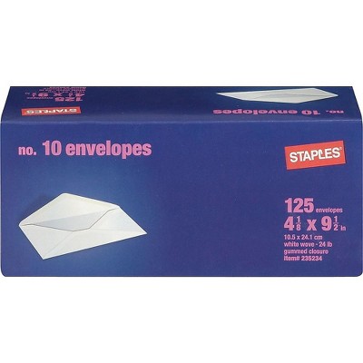 Staples Gummed White Wove #10 Std Business Envelopes 4 1/8"x9.5" White 125/BX 235234