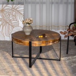 33.46"Retro drawing technology Splicing Round Coffee Table,Fir Wood Table Top with Cross Legs Base - 1 of 4