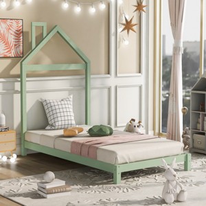 ALEXOUN Twin Size Floor Bed with House-Shaped Headboard for Kids, Wooden Twin Floor Platform Bed Frame with Slat Support,No Box Spring Needed - 1 of 4