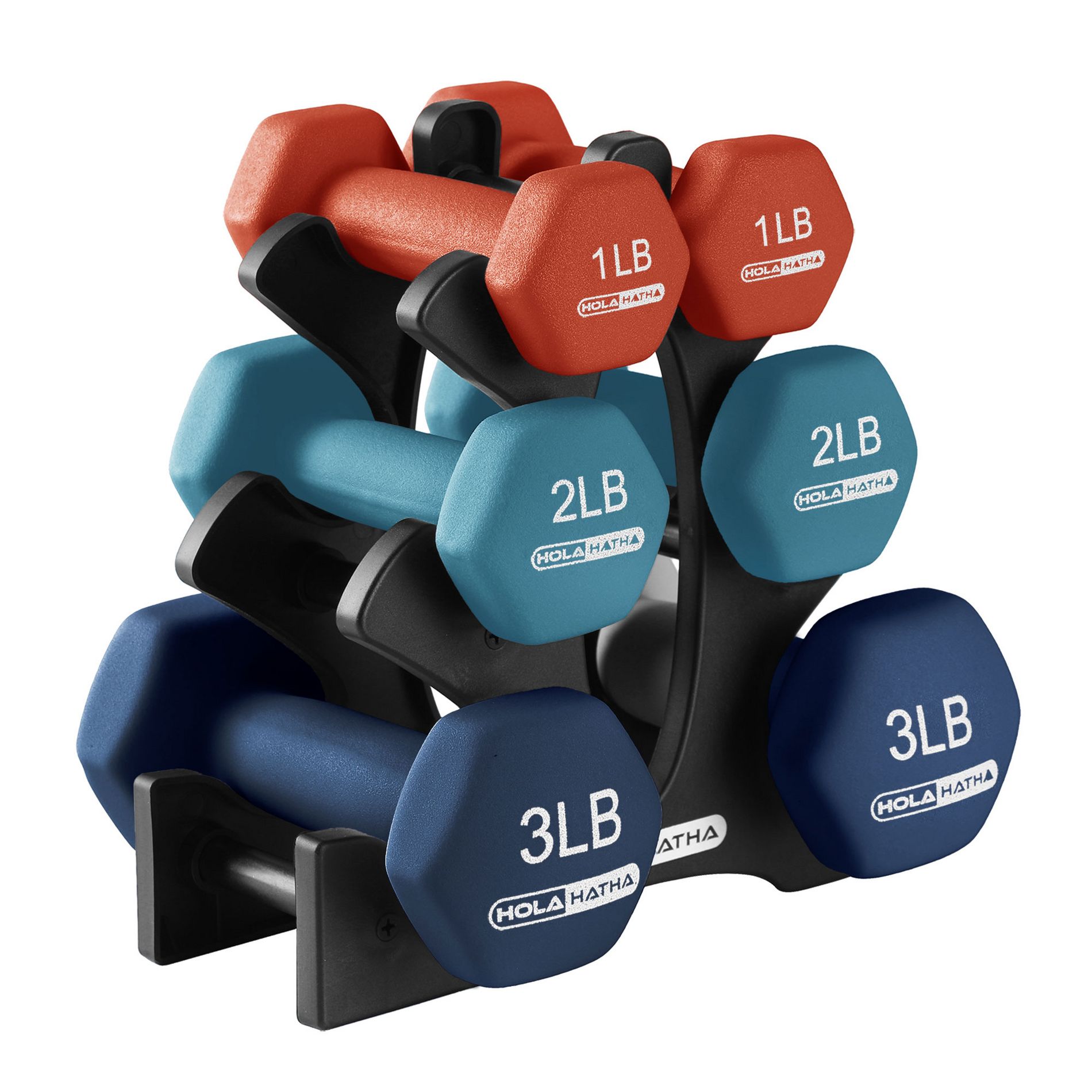 HolaHatha 1, 2, and 3 Pound Neoprene Dumbbell Weight Set with Storage Rack Stand, Ideal Strength Training Home Gym Workout Equipment for Muscle Toning