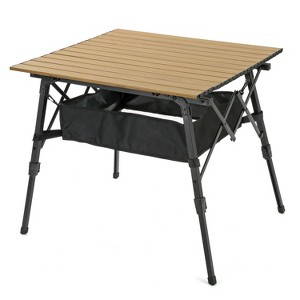 ARROWHEAD OUTDOOR 39" Aluminum Folding Camping Table, Adjustable Height Roll-Up Top, Under-Table Mesh Storage Shelf, Portable w/ Carry Bag, Wood Grain - 1 of 4