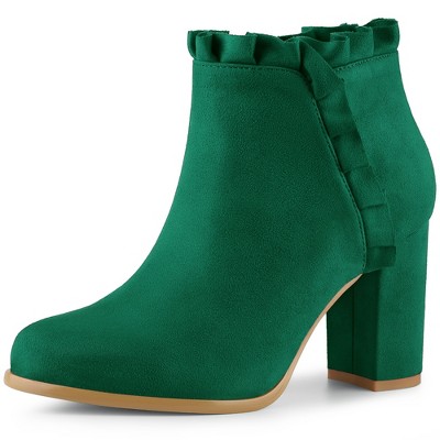 Perphy Women's Ruffle Round Toe Zippered Chunky High Heel Ankle Boots